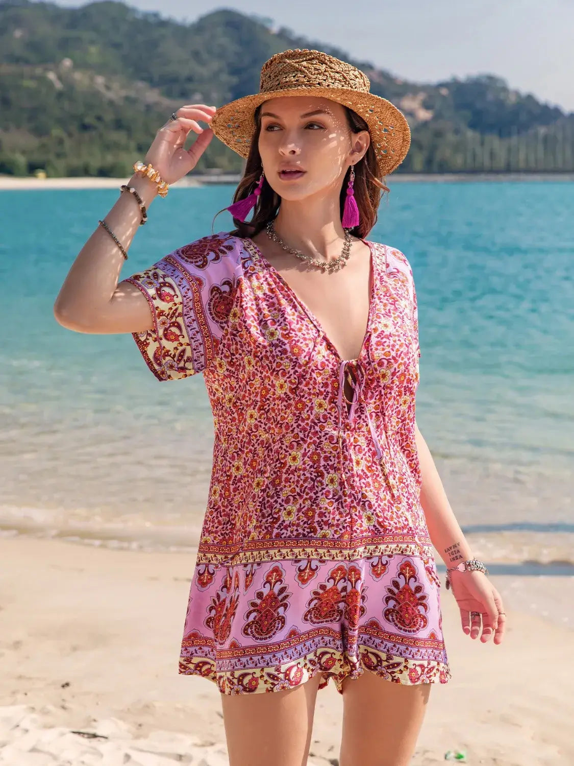 Printed V-Neck Short Sleeve Romper - Trendsi - Flyclothing LLC