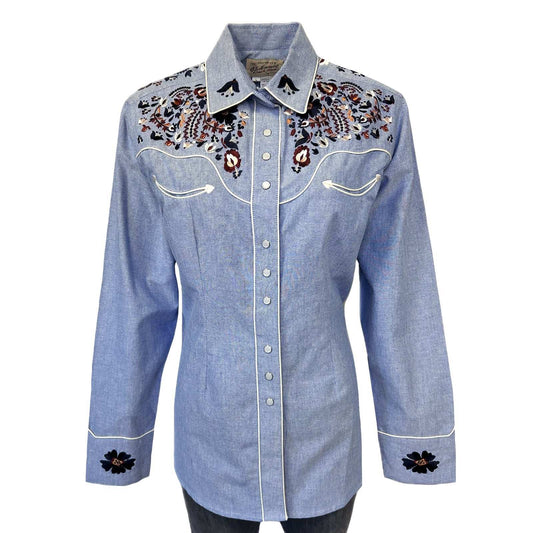 Rockmount Ranch Ware Women's Vintage 1950's Blue Floral Embroidered Western Shirt - Rockmount Clothing - Flyclothing LLC