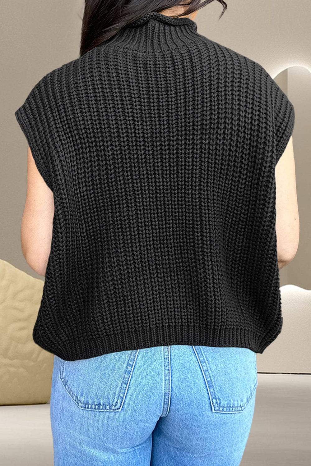 Cable-Knit Mock Neck Cap Sleeve Sweater - Trendsi - Flyclothing LLC