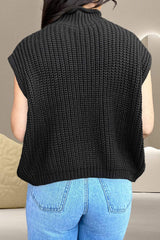 Cable-Knit Mock Neck Cap Sleeve Sweater - Trendsi - Flyclothing LLC