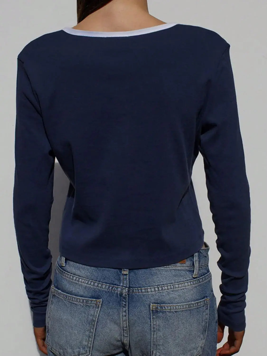 Devine Button Down Contrast Trim Round Neck Long Sleeve Shirt - Trendsi - Flyclothing LLC