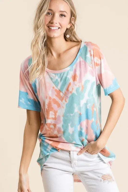 BiBi Tie Dye Print Short Sleeve T-Shirt with Raglan Sleeves - Trendsi - Flyclothing LLC