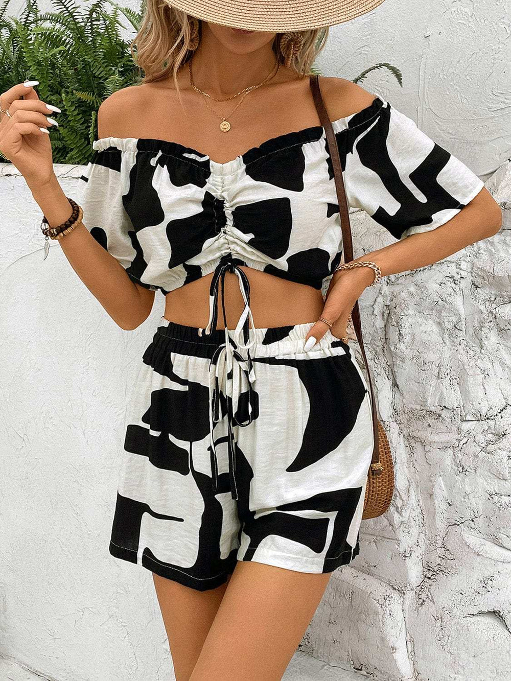 Drawstring Off-Shoulder Top and Shorts Set - Trendsi - Flyclothing LLC