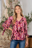 Sew In Love Full Size Printed V-Neck Blouse with Sleeve Knot - Trendsi