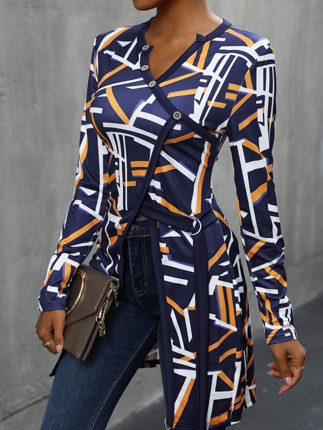 Geometric Surplice Long Sleeve T-Shirt - Trendsi - Flyclothing LLC