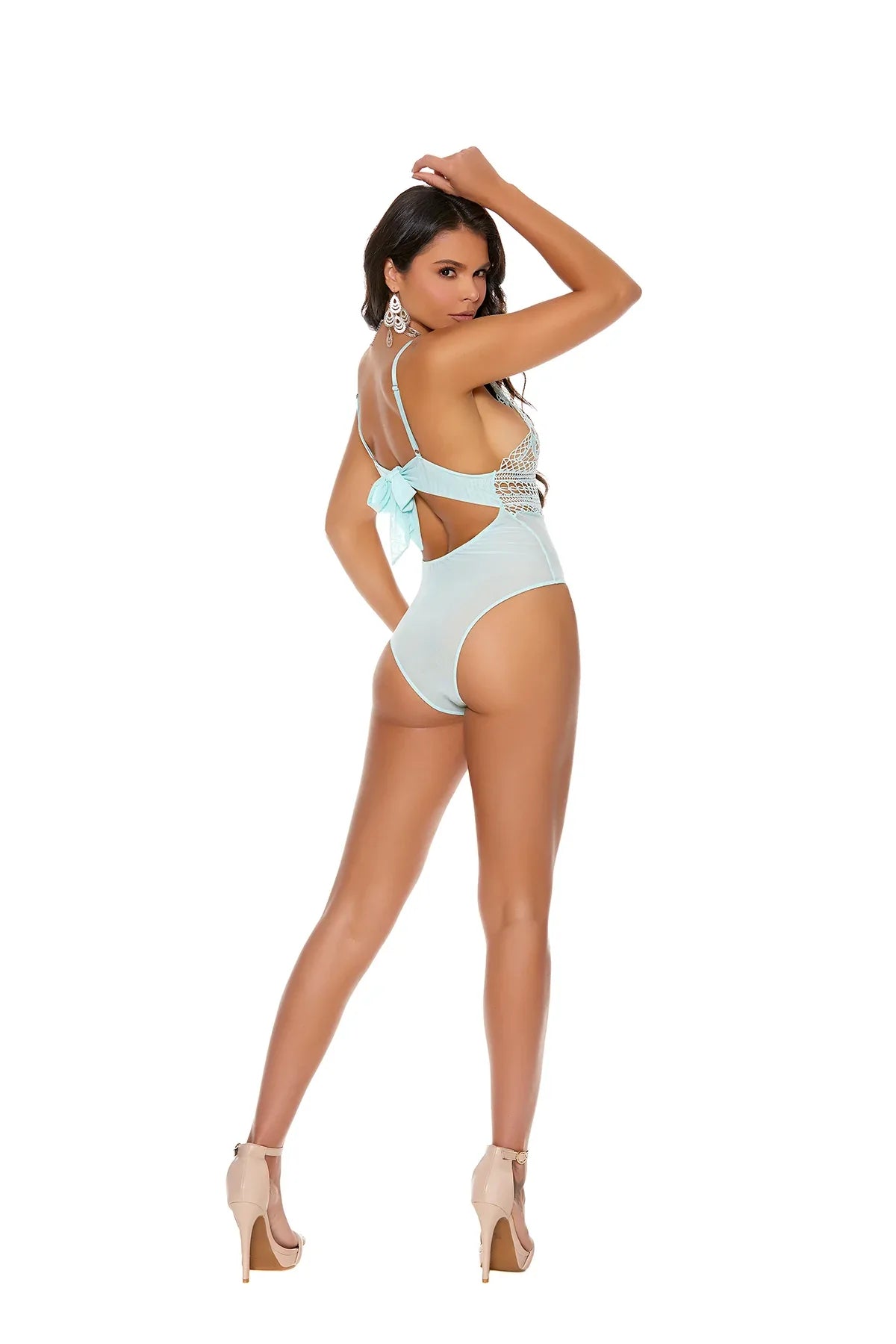 Elegant Moments Mesh slip on teddy with crochet bodice adjustable straps back mesh tie closure and snap crotch closure mint green - Elegant Moments - Flyclothing LLC