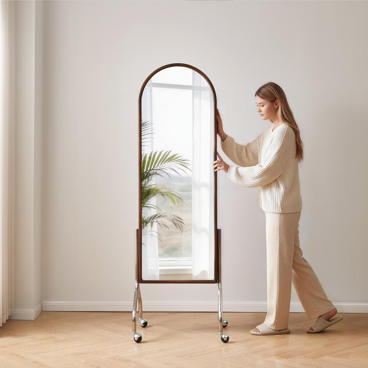 66" Walnut Wood Arch Freestanding Framed Full Length Hanging Mirror
