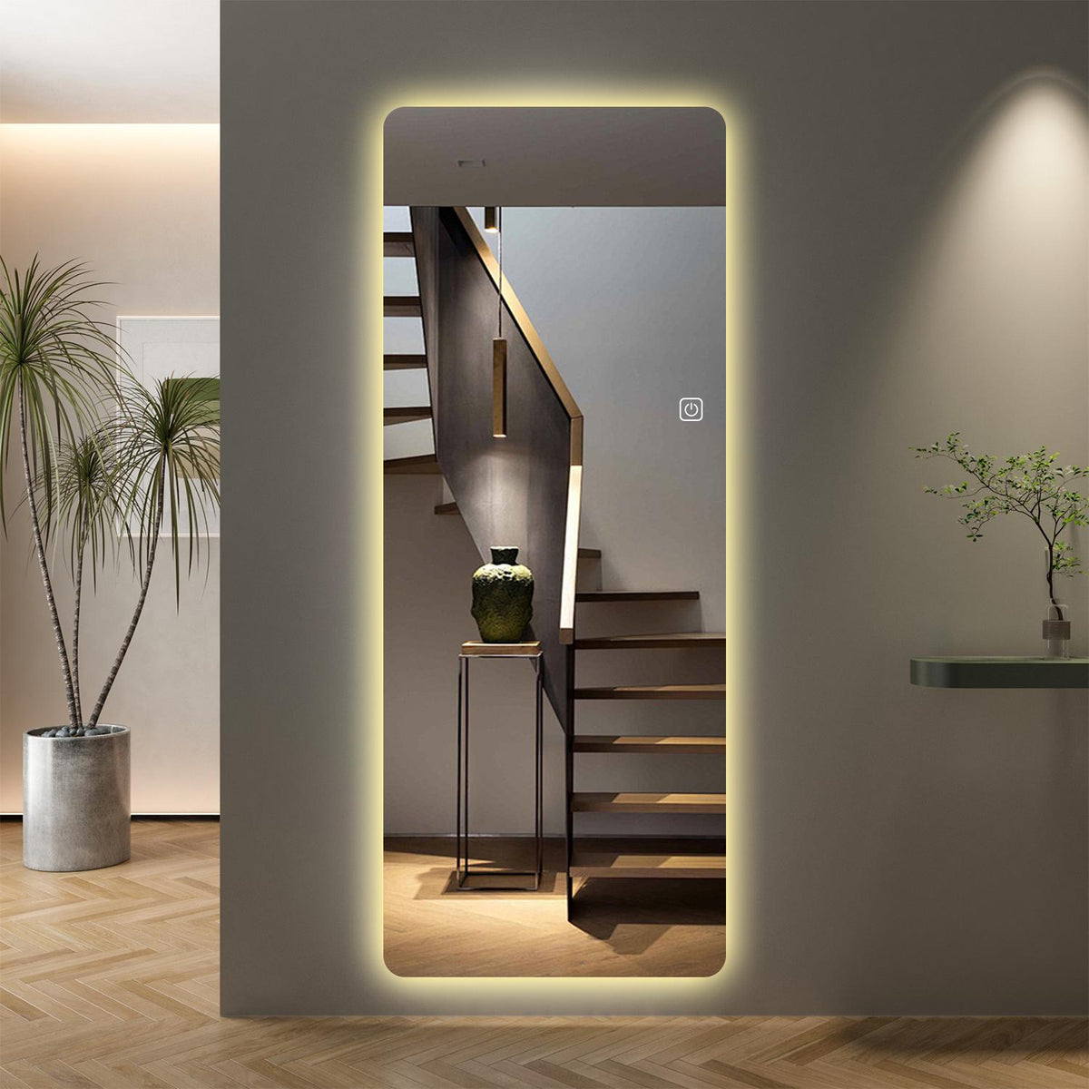 65" Silver Glass Lighted Freestanding Floating Framed Full Length Hanging Mirror