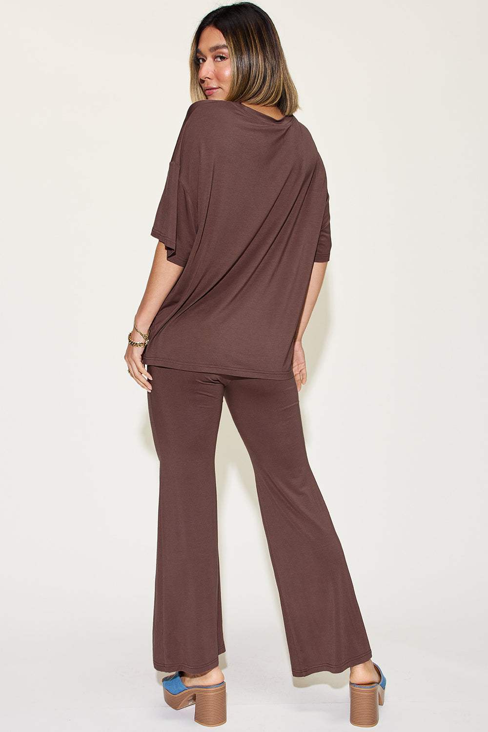 Basic Bae Full Size Bamboo Drop Shoulder T-Shirt and Flare Pants Set - Trendsi - Flyclothing LLC