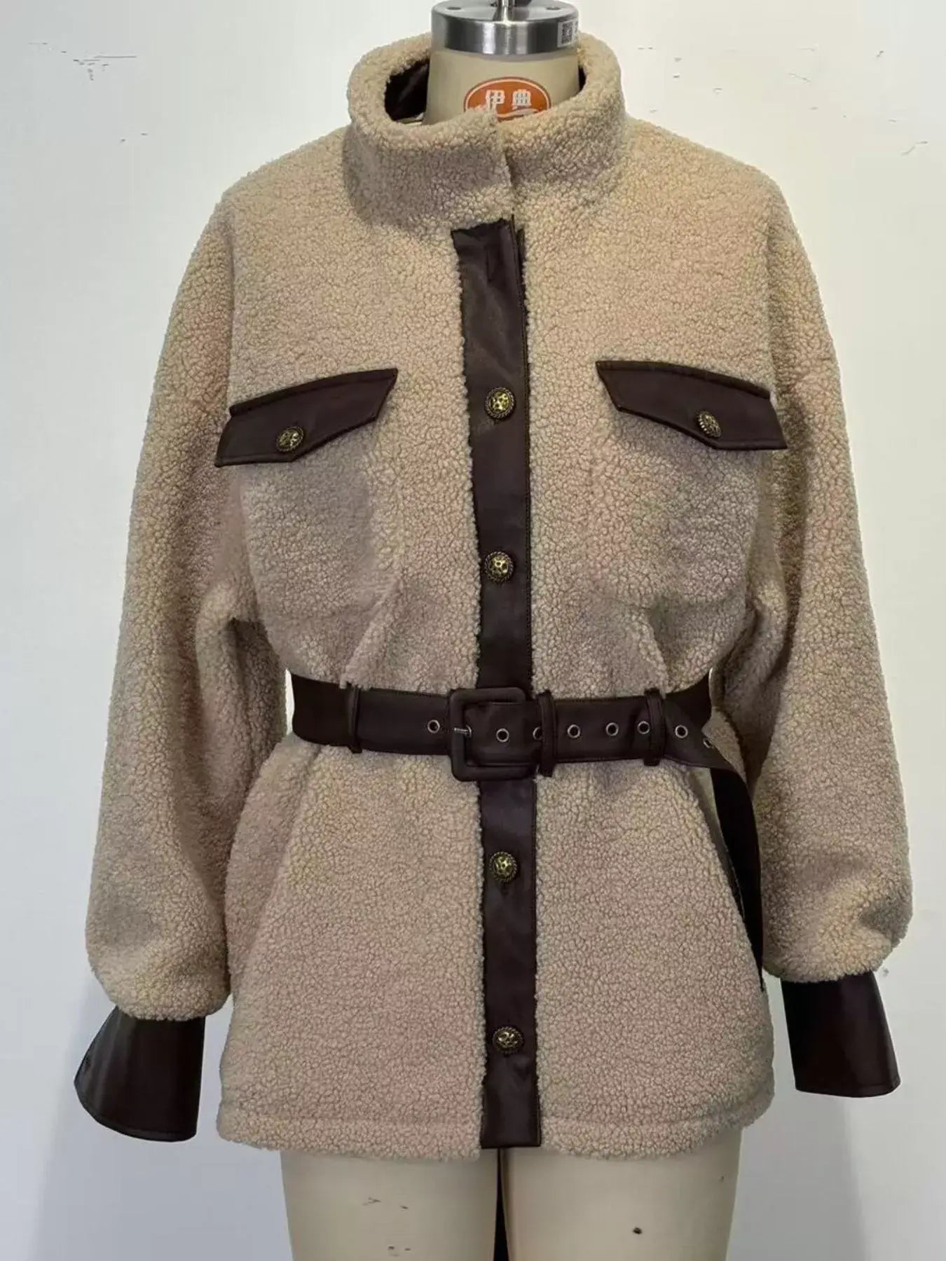 Leather Trim Sherpa Outerwear with Pockets - Trendsi - Flyclothing LLC
