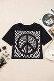 Checkered Peace Sign Round Neck T-Shirt - Trendsi - Flyclothing LLC