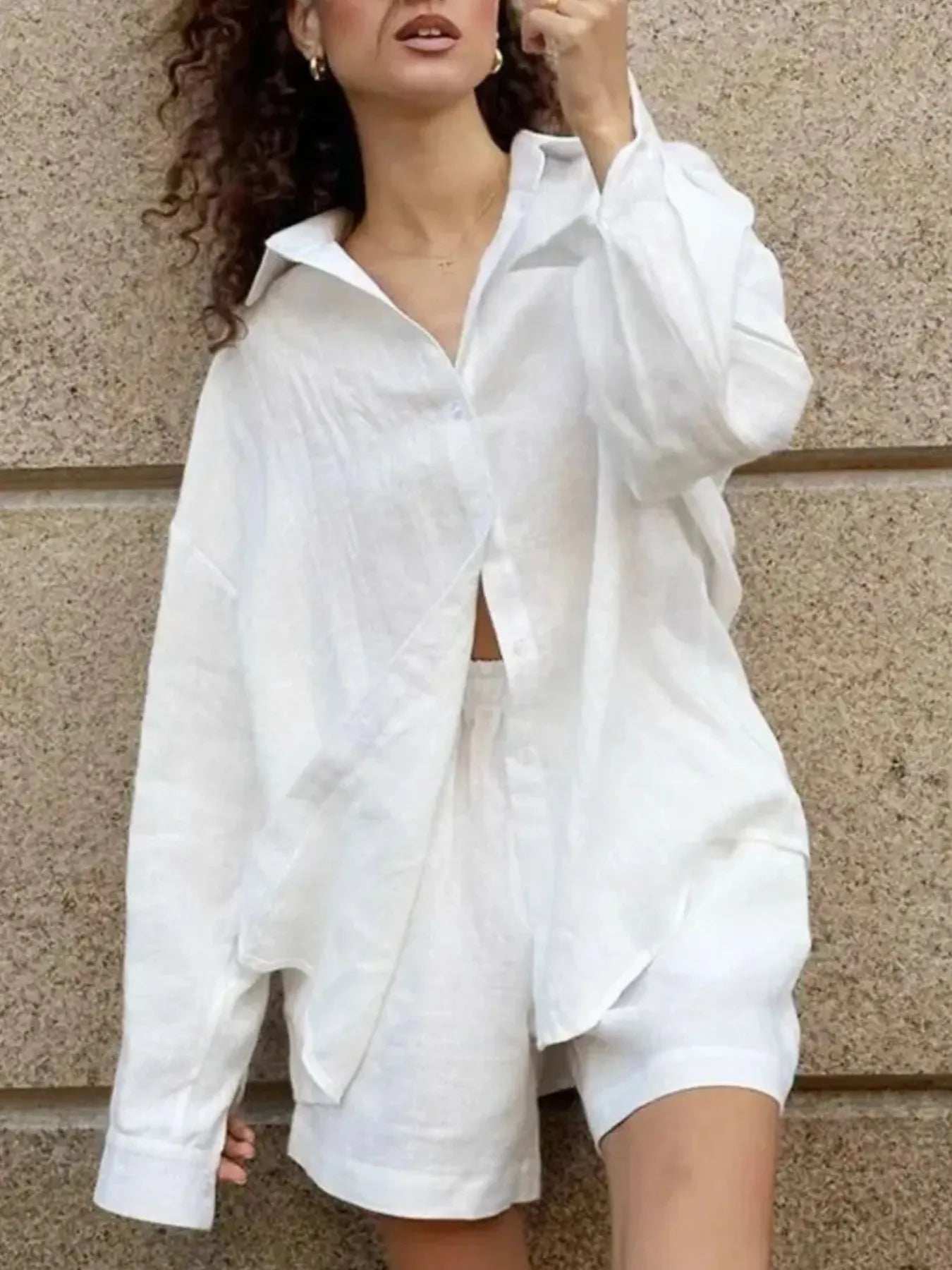 Button Up Long Sleeve Shirt and Shorts Set - Trendsi - Flyclothing LLC