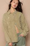 POL Button Down Raw Hem Distressed Shacket - Trendsi