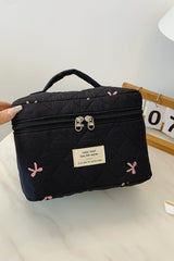 Bow Embroidered Quilted Storage Bag with Zip - Trendsi