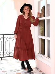 Plus Size Quarter Button V-Neck Long Sleeve Dress - Trendsi