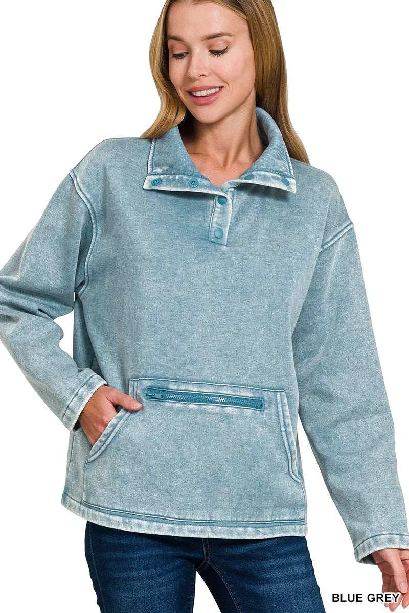 Zenana Fleece Washed High Neck Kangaroo Pocket Sweatshirt - Trendsi - Flyclothing LLC