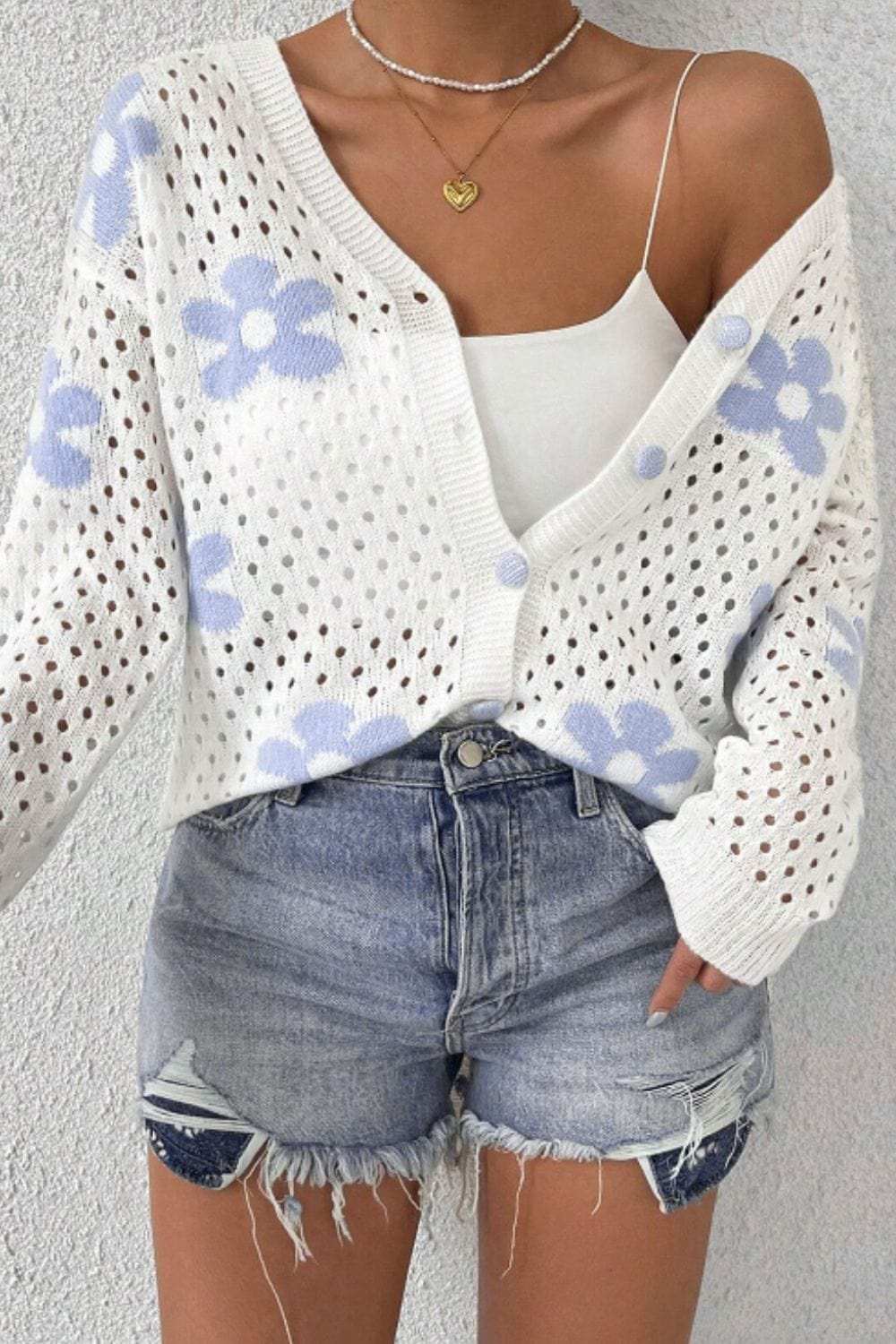 Flower Hollowed Out Button Down Long Sleeve Cardigan - Trendsi - Flyclothing LLC