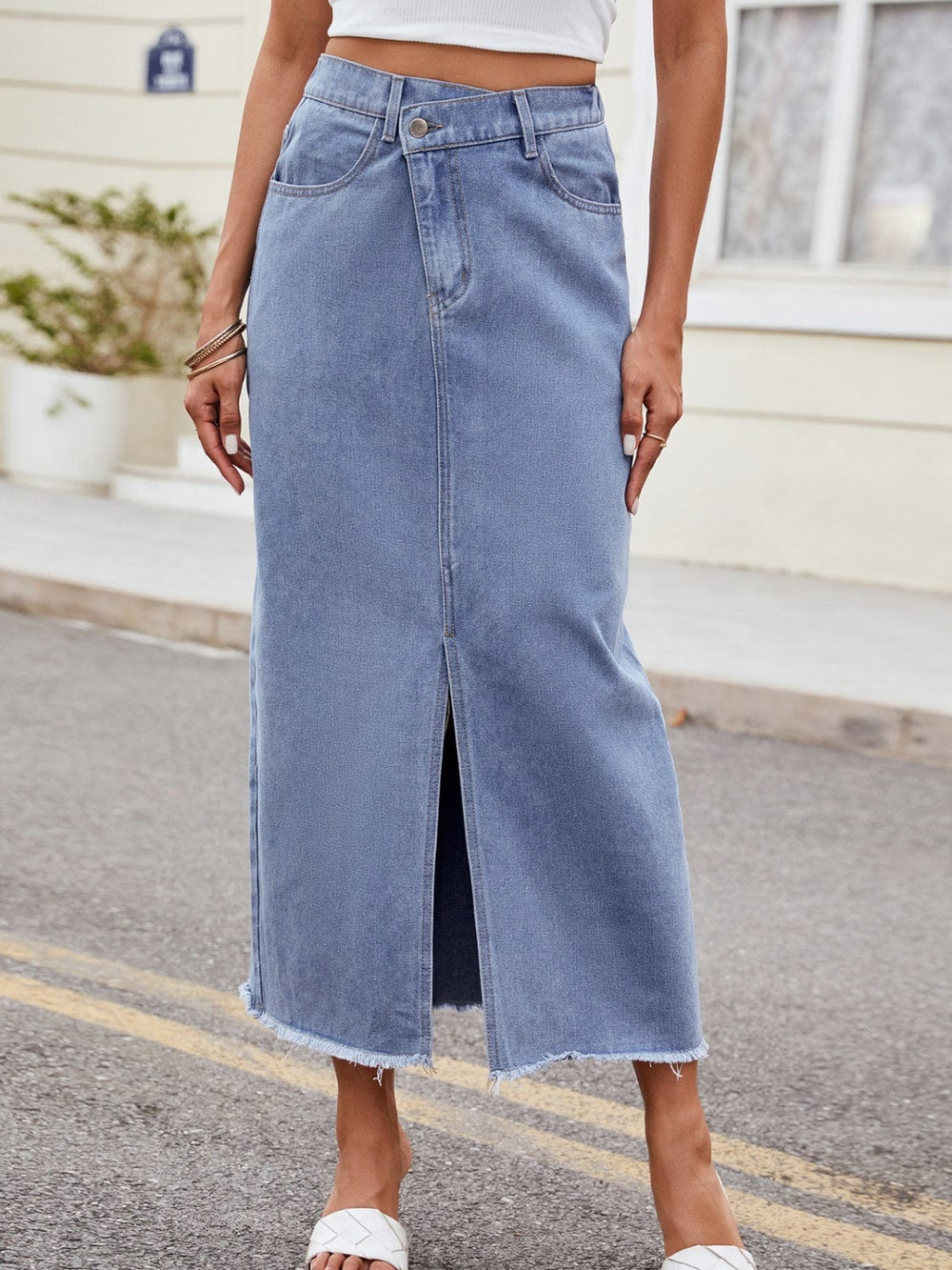 Slit Asymmetrical Waist Denim Skirt - Trendsi