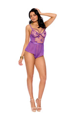 Elegant Moments Embroidered Mesh Teddy With Underwire Cups Strappy Front Detail Adjustable Straps And Hook And Eye Back Closure - Elegant Moments - Flyclothing LLC