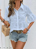 Eyelet Solid Collared Neck Half Sleeve Shirt - Trendsi - Flyclothing LLC