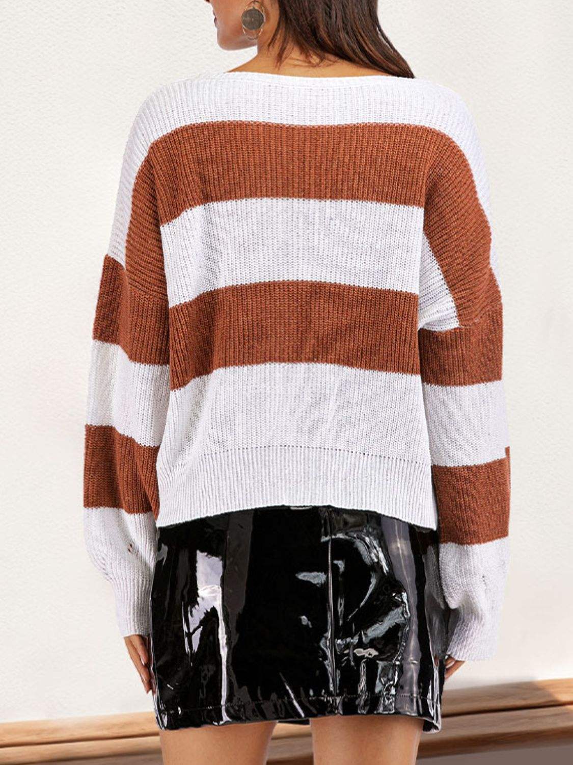 Perfee Color Block Dropped Shoulder Long Sleeve Sweater - Trendsi - Flyclothing LLC