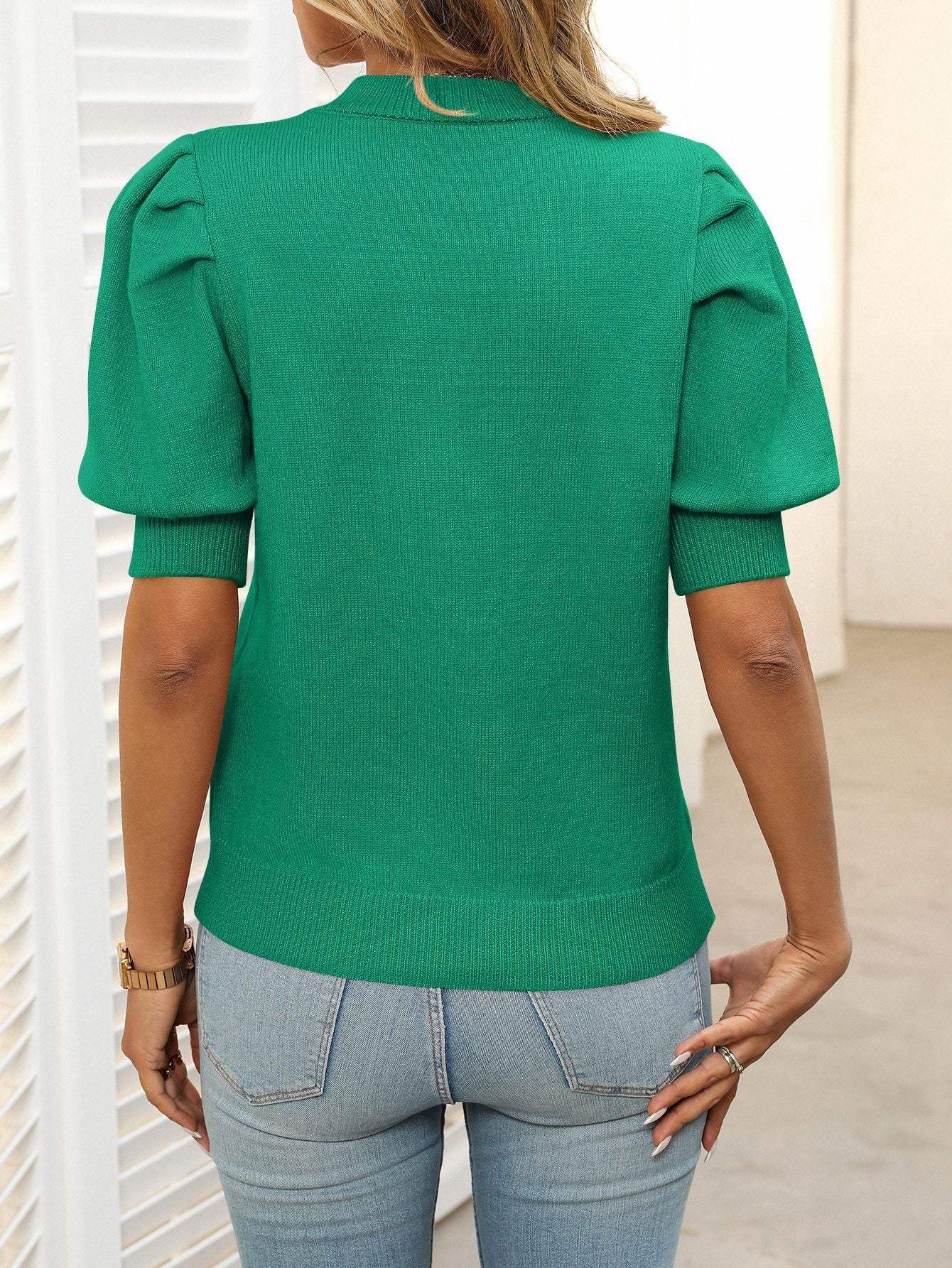 Mandy Mock Neck Puff Sleeve Sweater - Trendsi - Flyclothing LLC