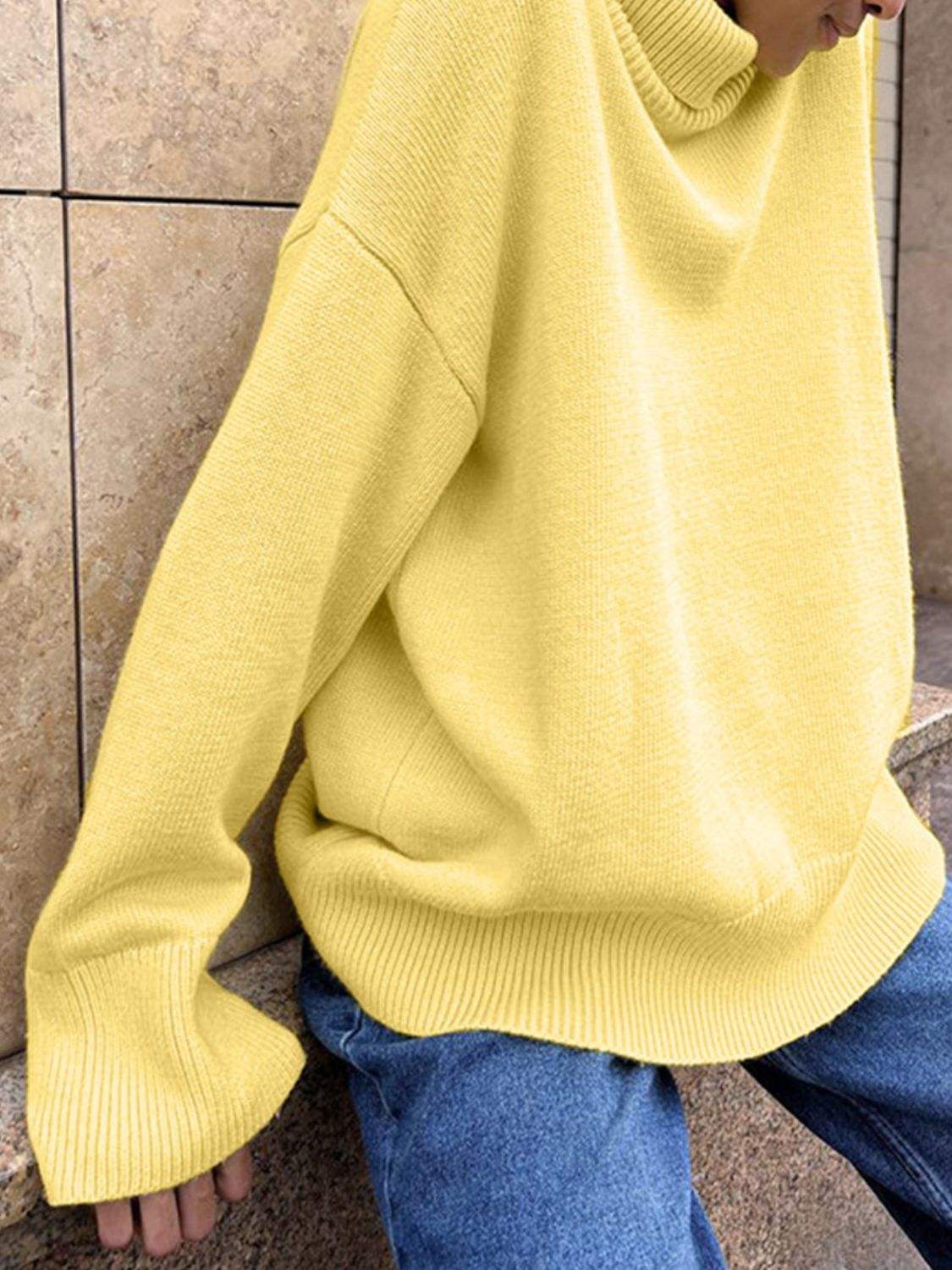 Turtleneck Drop Shoulder Long Sleeve Sweater - Trendsi - Flyclothing LLC
