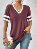 Contrast Trim V-Neck Short Sleeve T-Shirt - Trendsi