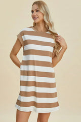 Basic Bae Full Size Striped Round Neck Cap Sleeve Mini Dress - Trendsi - Flyclothing LLC