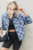 Checkered Button Up Long Sleeve Denim Jacket - Trendsi - Flyclothing LLC