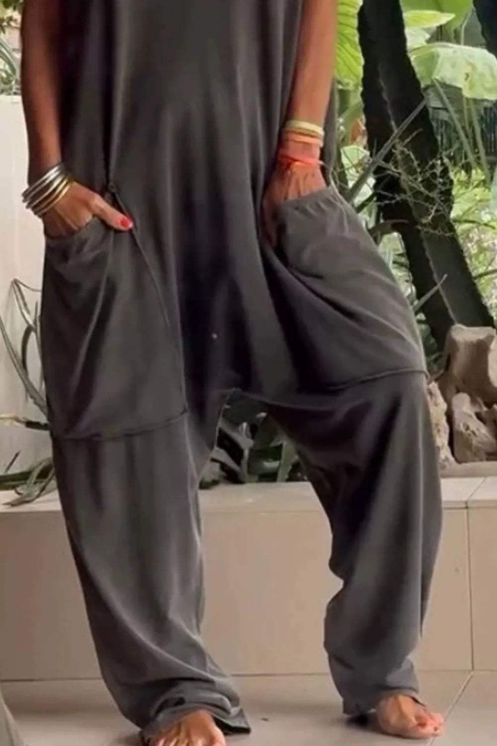Full Size Casual V-Neck Short Sleeve Jumpsuit with Pockets Plus Size - Trendsi - Flyclothing LLC