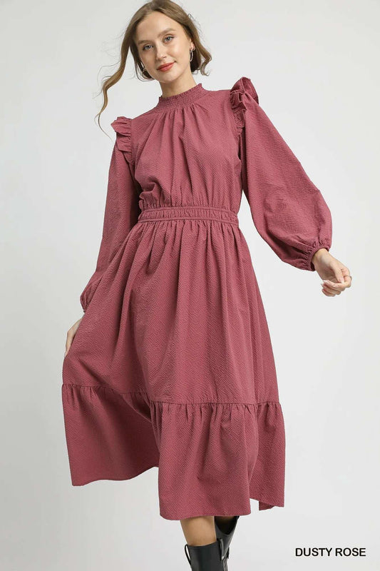 Umgee Textured Midi Dress with Ruffle Shoulder Detail - Trendsi - Flyclothing LLC