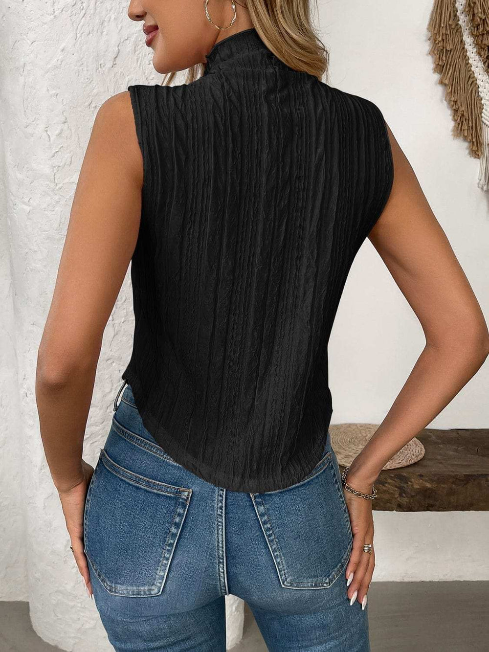 Texture Turtleneck Sleeveless Top - Trendsi - Flyclothing LLC