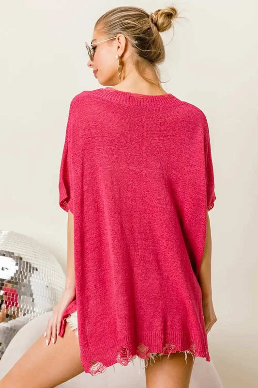 BiBi Distressed Hem V-Neck Slit Sweater - Trendsi - Flyclothing LLC
