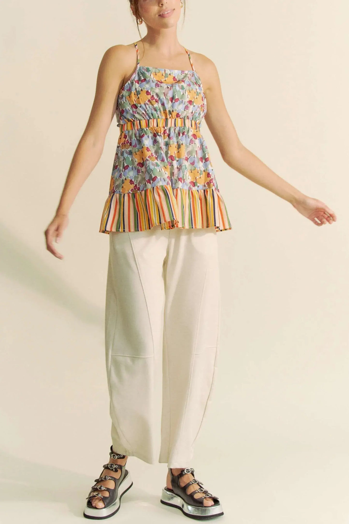Davi & Dani Floral Smocked Sleeveless Ruffle Back Tie Top - Trendsi - Flyclothing LLC
