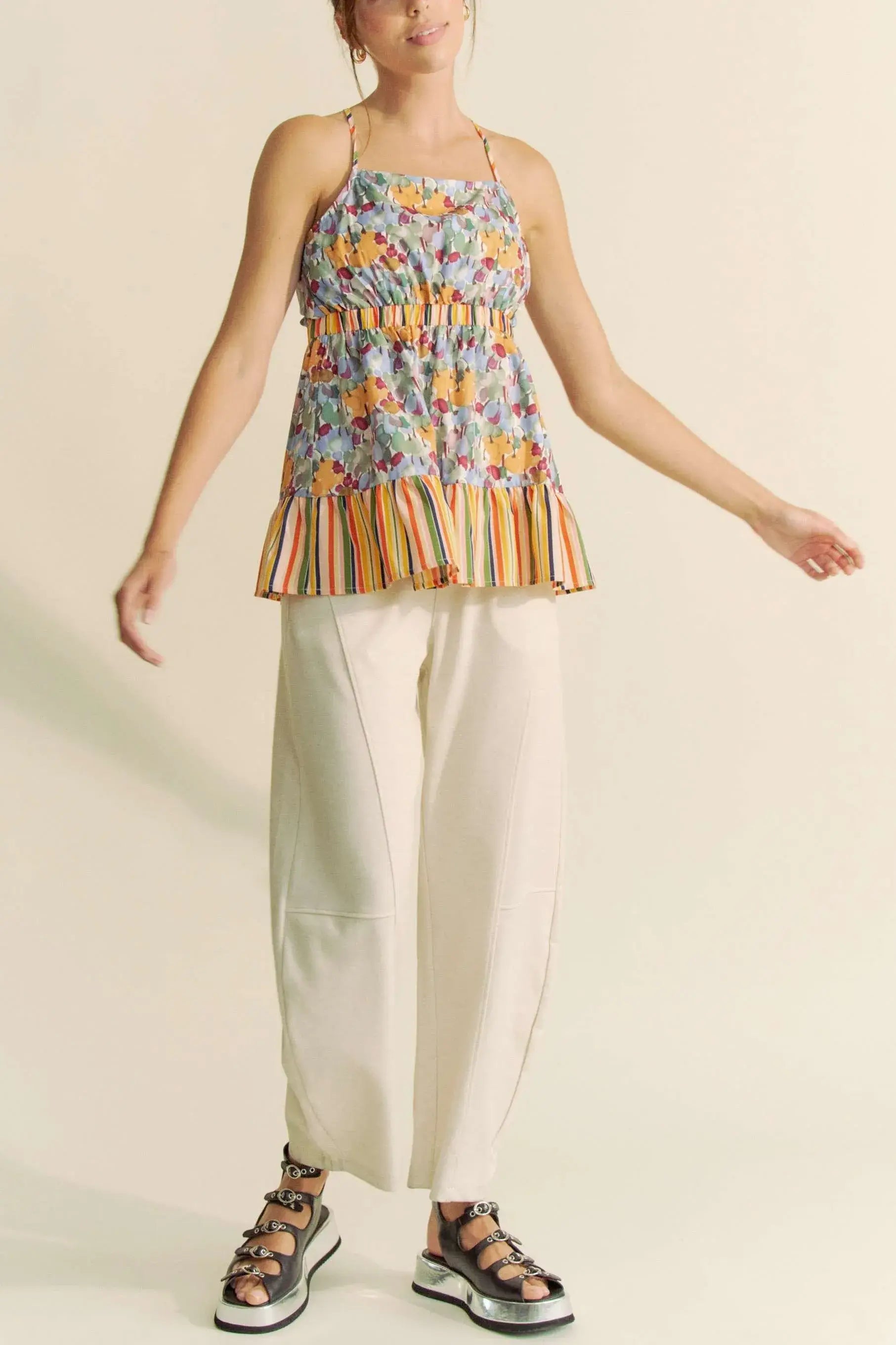 Davi & Dani Floral Smocked Sleeveless Ruffle Back Tie Top - Trendsi - Flyclothing LLC