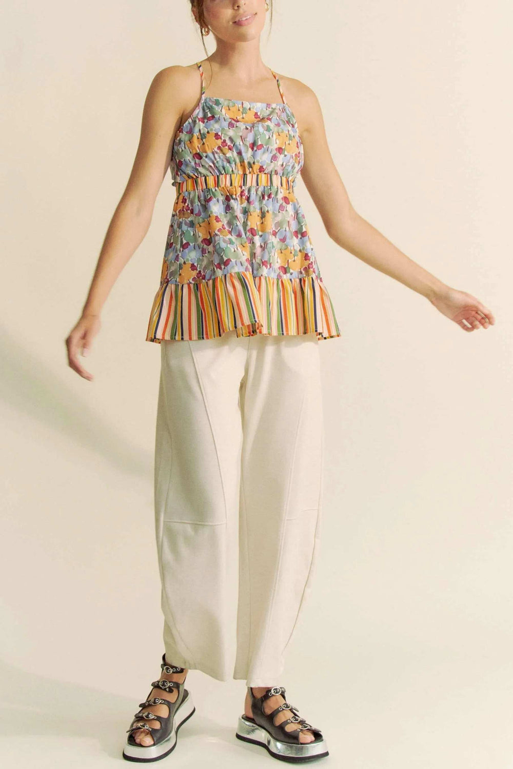 Davi & Dani Floral Smocked Sleeveless Ruffle Back Tie Top - Trendsi - Flyclothing LLC