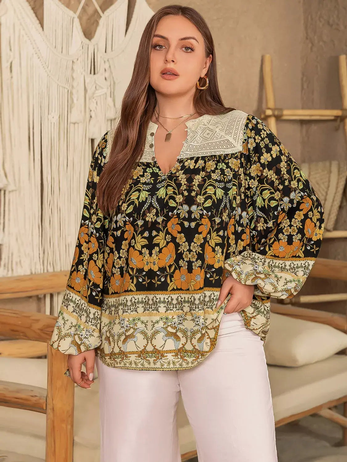 Plus Size Floral Print Notched Blouse - Trendsi - Flyclothing LLC