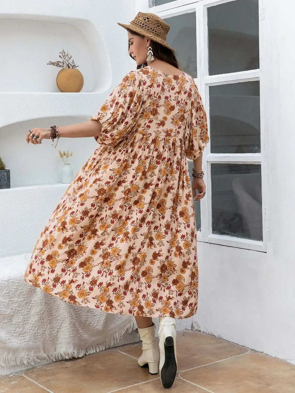 Plus Size Printed Tie Neck Half Sleeve Midi Dress - Trendsi - Flyclothing LLC