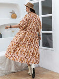 Plus Size Printed Tie Neck Half Sleeve Midi Dress - Trendsi - Flyclothing LLC