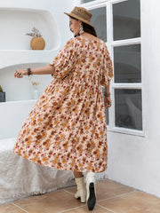 Plus Size Printed Tie Neck Half Sleeve Midi Dress - Trendsi