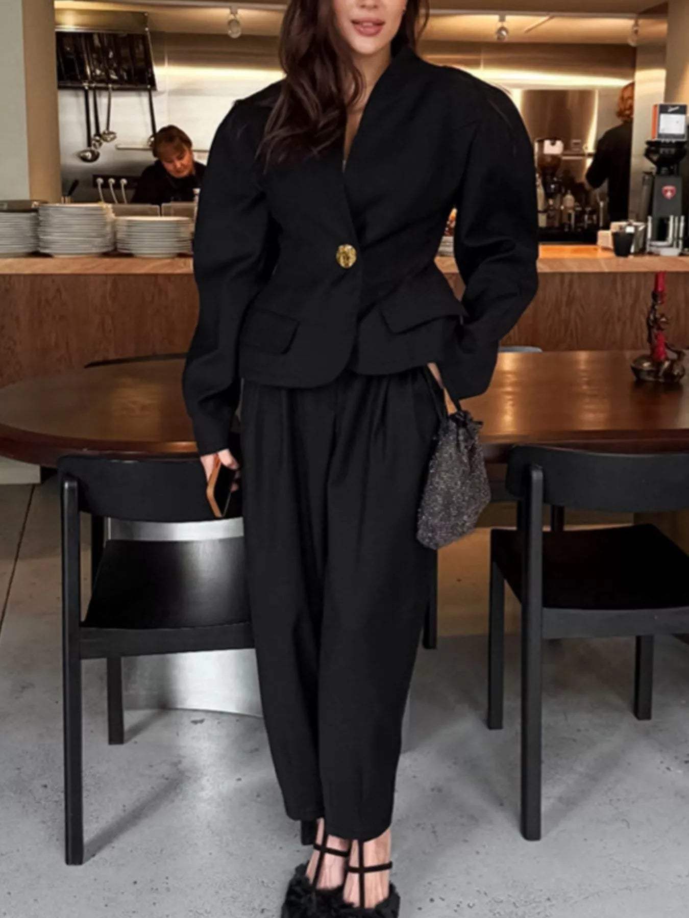 Puffy Sleeve Blazer and Wide-Leg Pants Set - Trendsi - Flyclothing LLC
