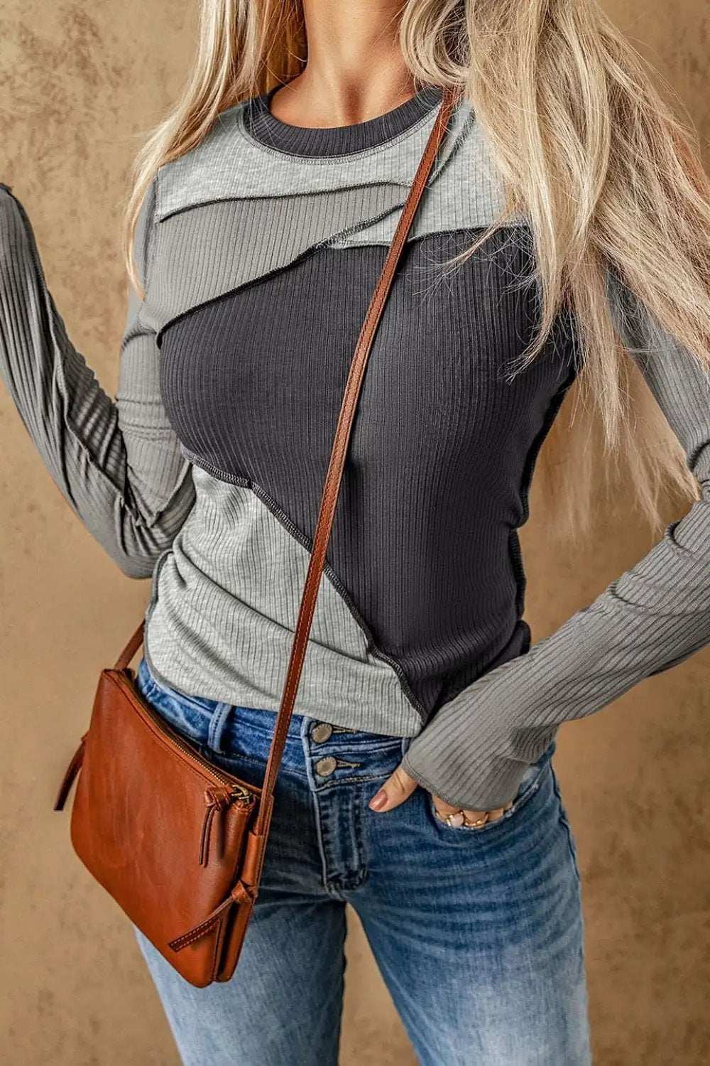 Exposed Seam Contrast Round Neck Long Sleeve T-Shirt - Trendsi - Flyclothing LLC