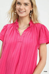 Umgee Texture Flutter Sleeve Notched Blouse - Trendsi - Flyclothing LLC