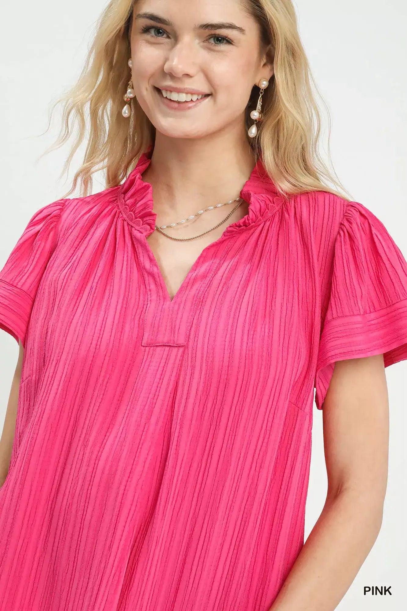 Umgee Texture Flutter Sleeve Notched Blouse - Trendsi - Flyclothing LLC