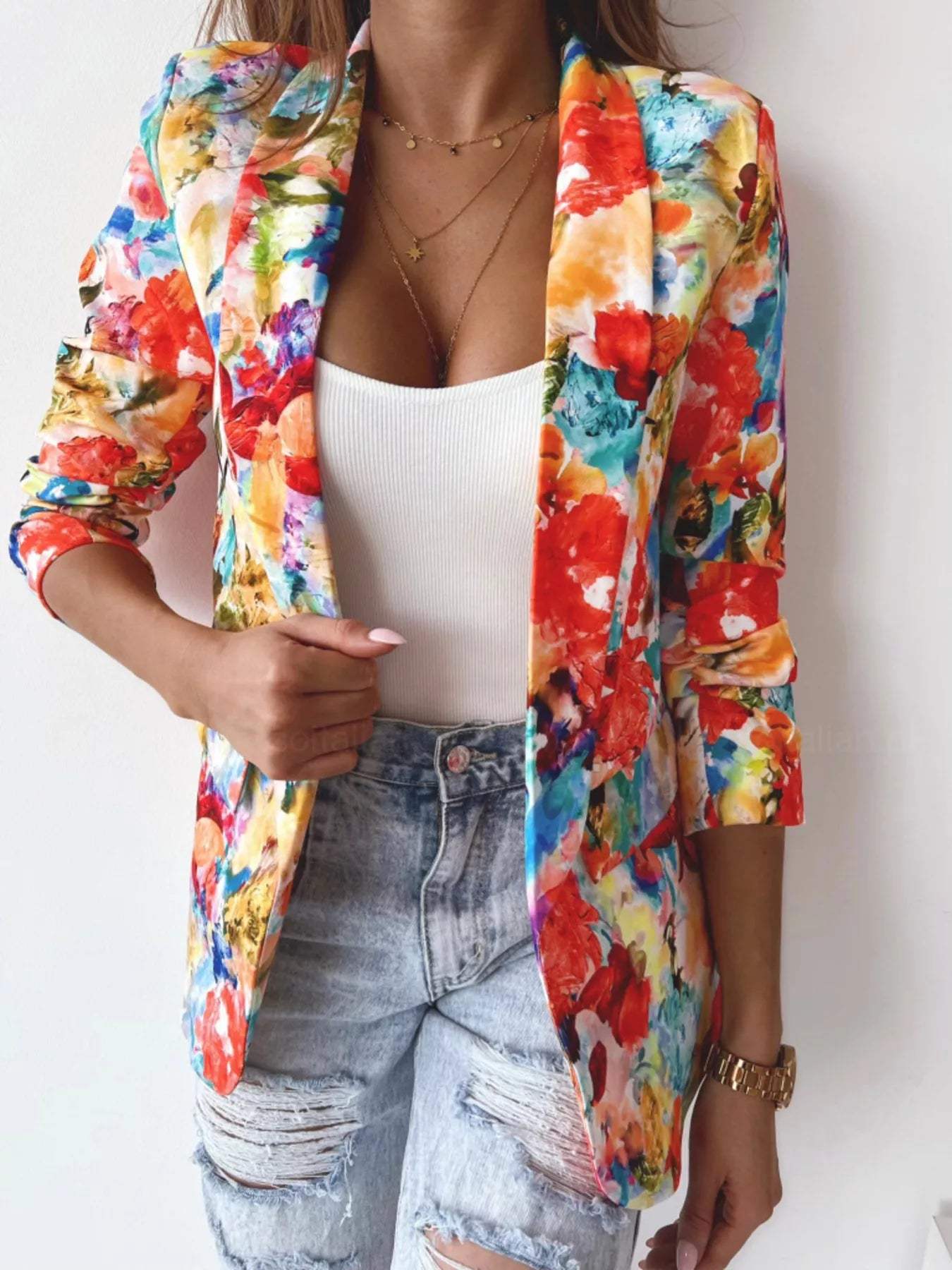Vibrant Floral Print Open Front Blazer - Trendsi - Flyclothing LLC