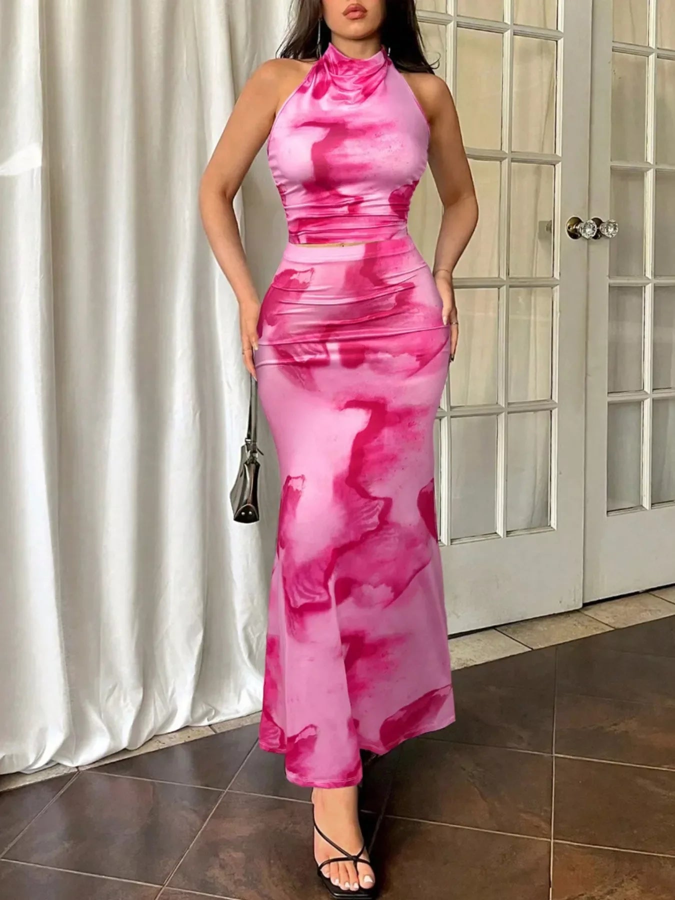 Tie-Dye Halter Top and Mermaid Skirt Set - Trendsi - Flyclothing LLC