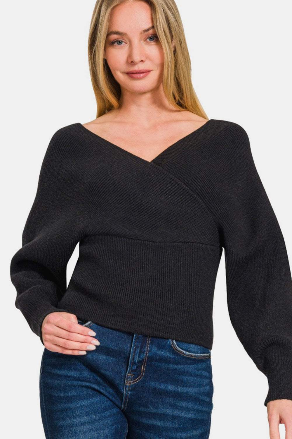 Zenana Cross Wrap Rib Long Sleeve Sweater - Trendsi - Flyclothing LLC