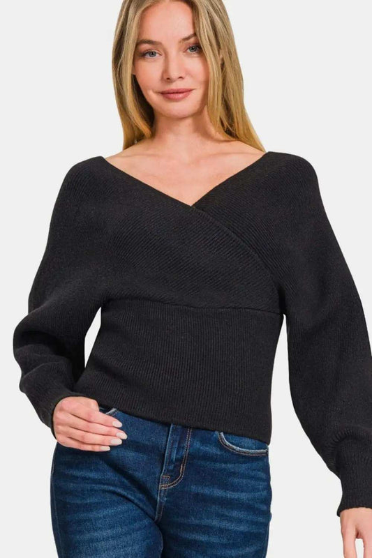 Zenana Cross Wrap Rib Long Sleeve Sweater - Trendsi - Flyclothing LLC