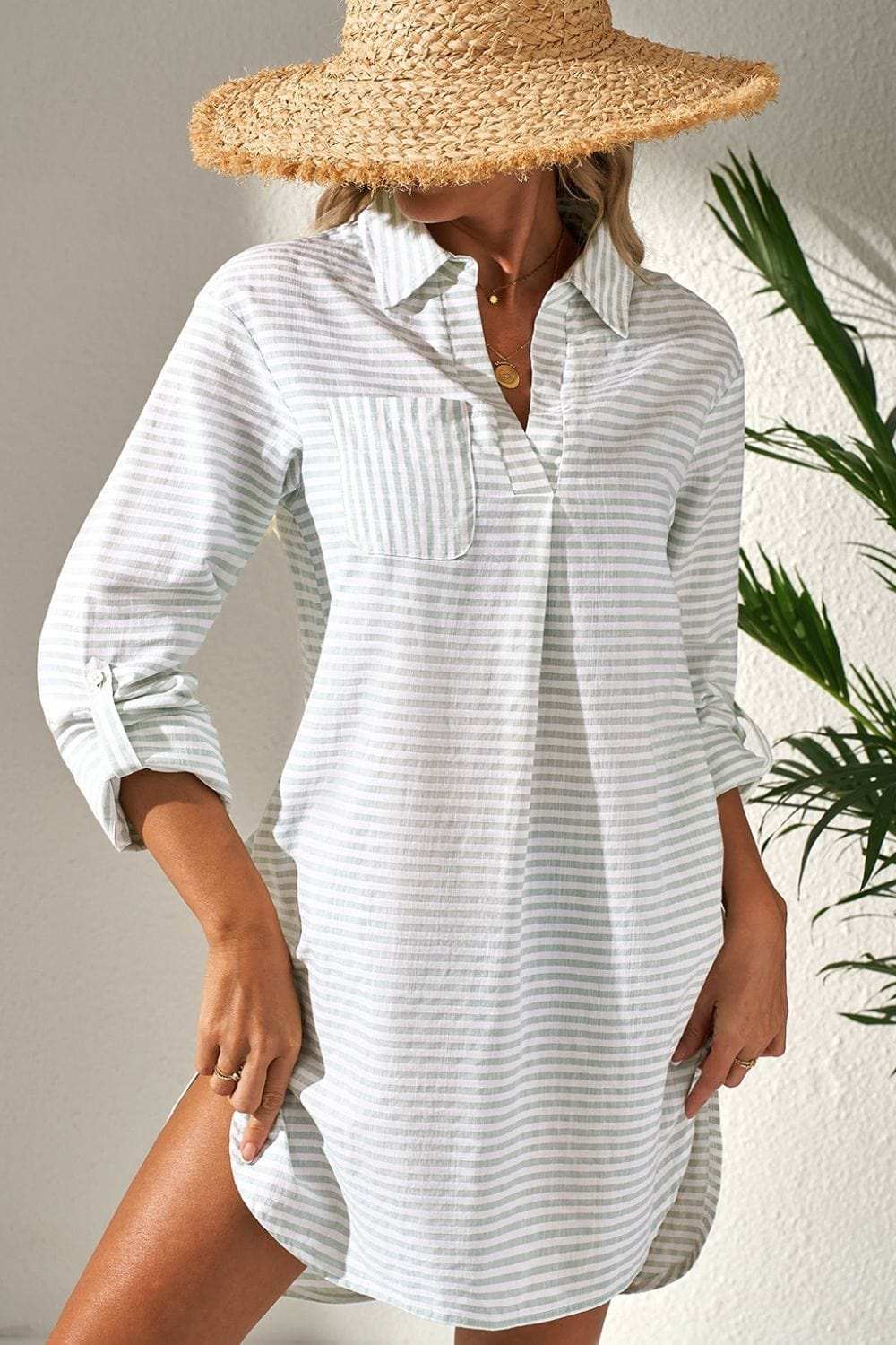 Striped Johnny Collar Long Sleeve Mini Shirt Dress - Trendsi - Flyclothing LLC